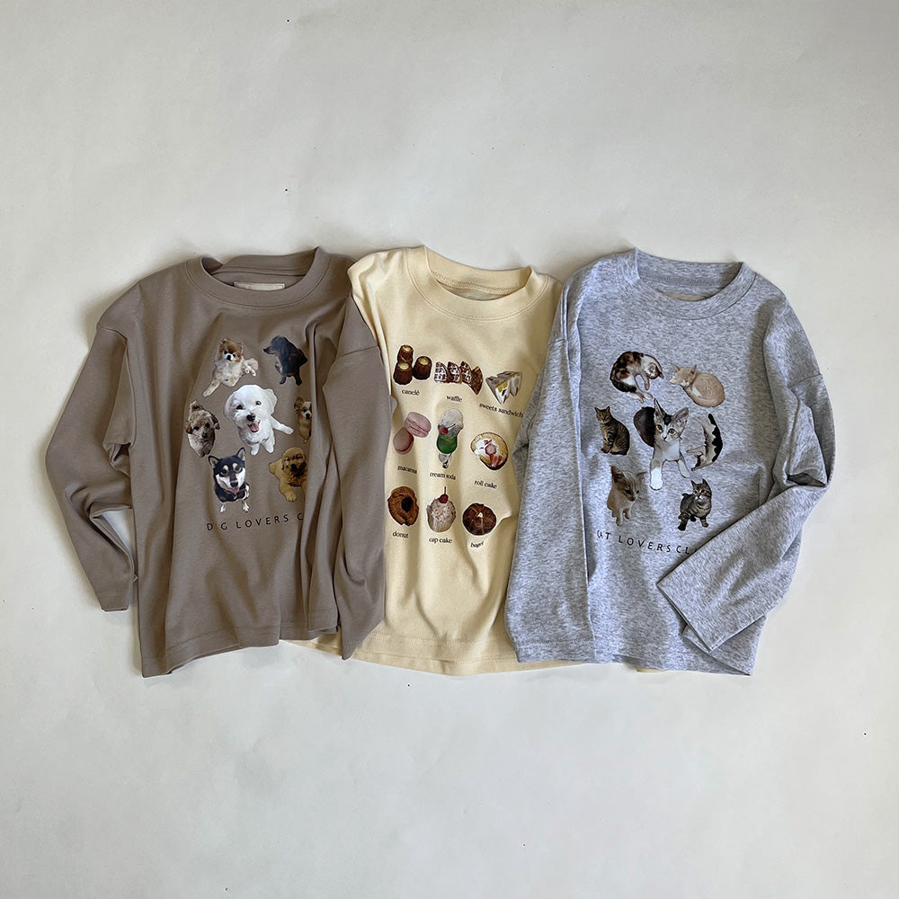 スイーツ / アニマル(犬/猫) プリント ロゴ スパンフライス長袖Tシャツ