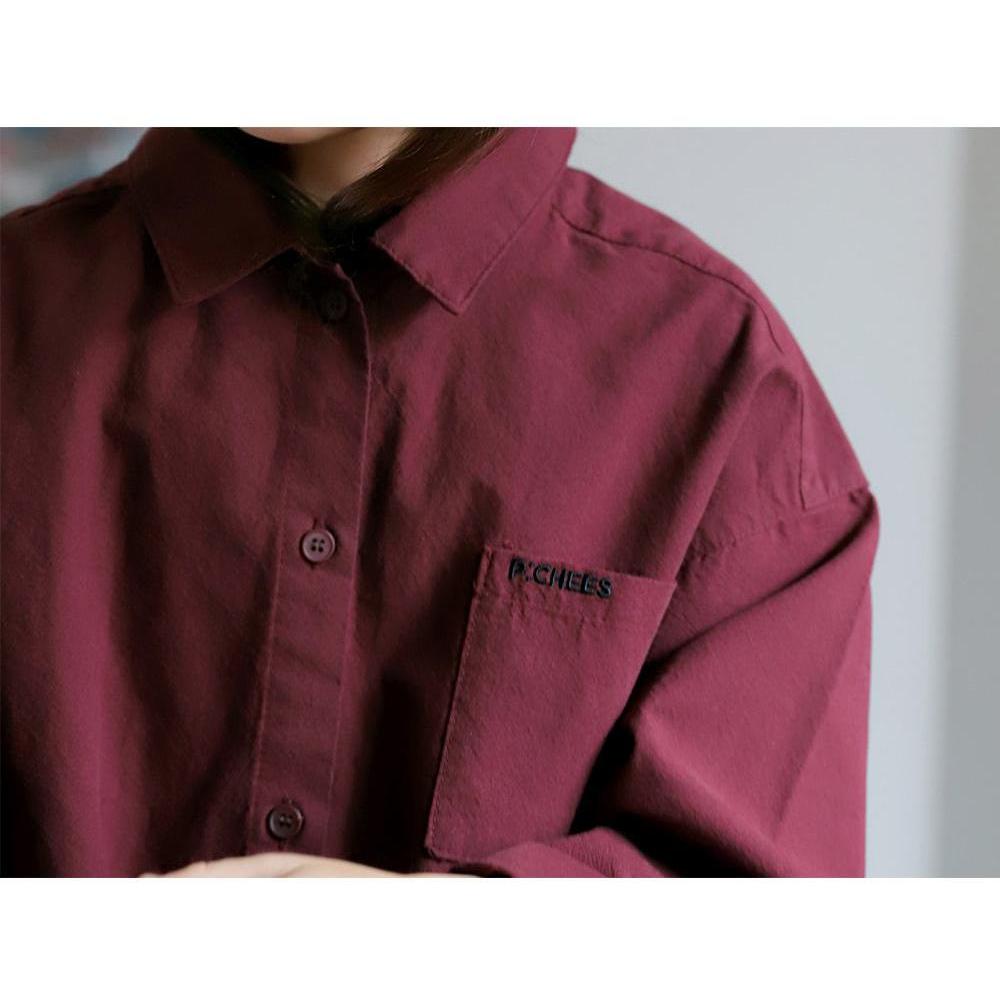 【ピーチーズ】ヴィンテージライク ワンポイント刺繍ポケット バックロゴ長袖シャツ